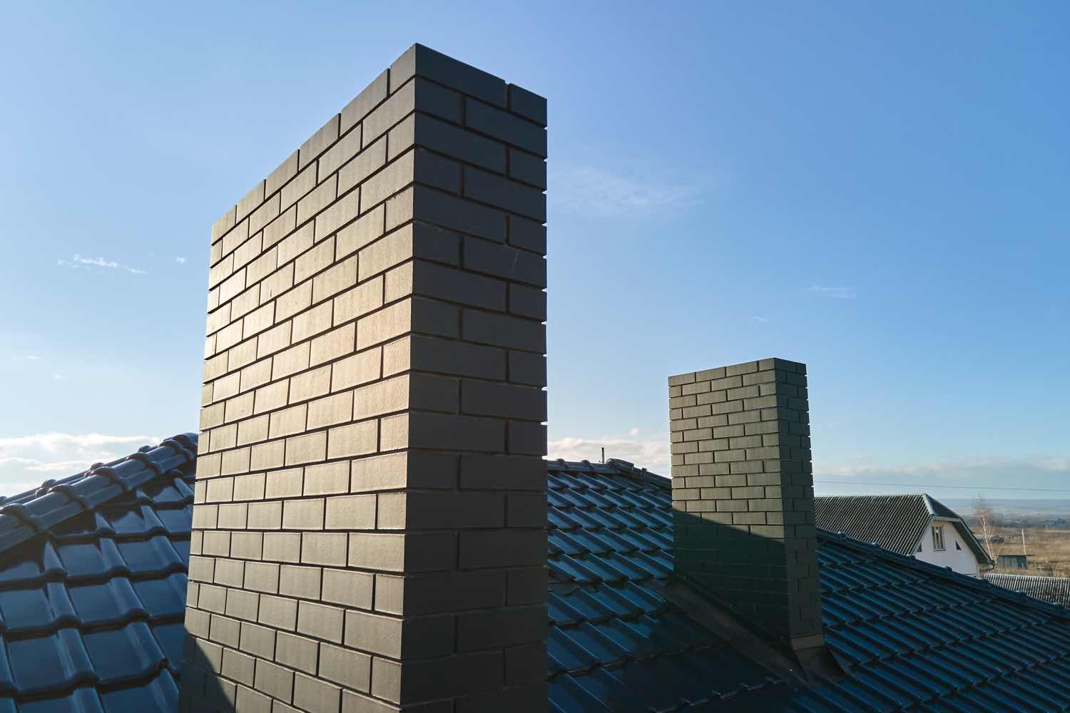 Chimney wrapped in natural stone veneer on a two-story home