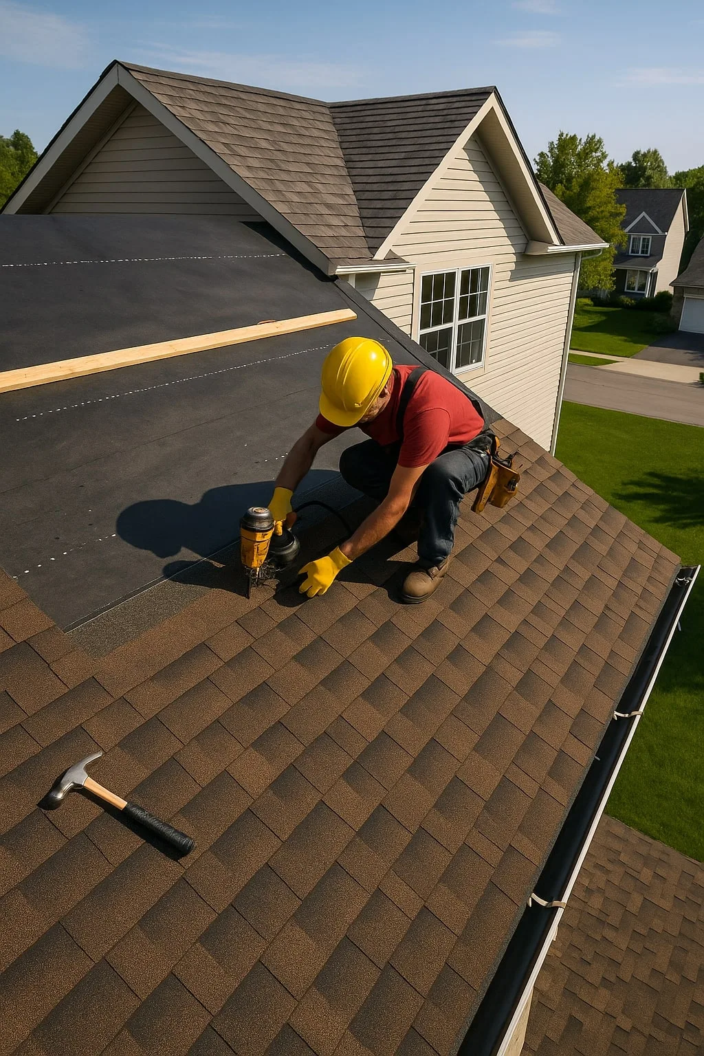 Aerial view of a roofer installing a new residential roof in Bucks County
