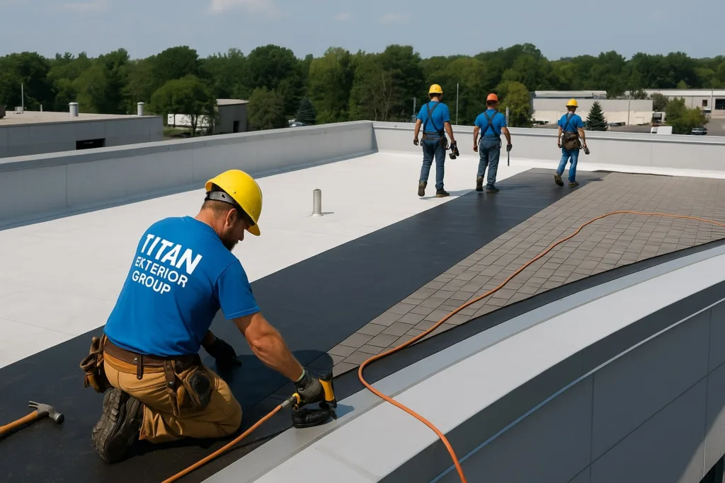 Large, flat-roof building with commercial roof installation by Titan Exterior Group