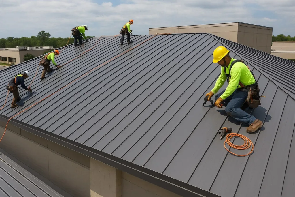 Roofing crew installing a metal roof on a commercial building