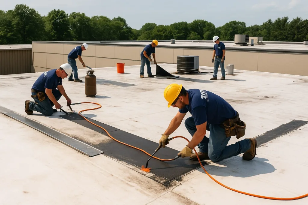 A crew from Titan Exterior Group making commercial roof repairs