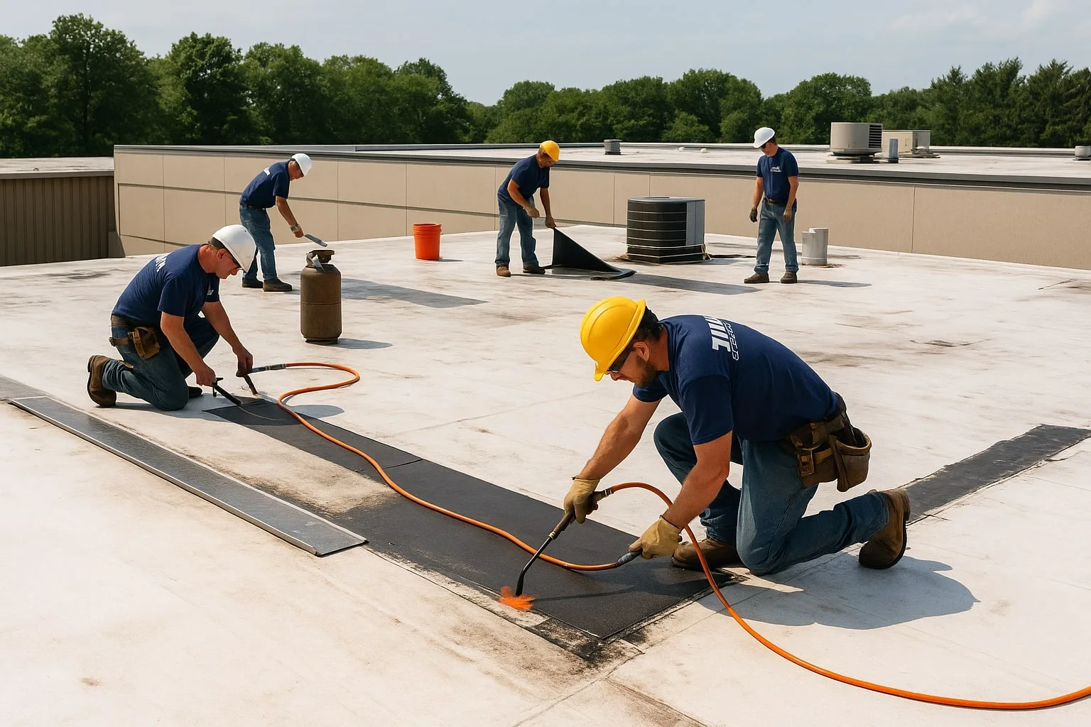 A crew from Titan Exterior Group making commercial roof repairs