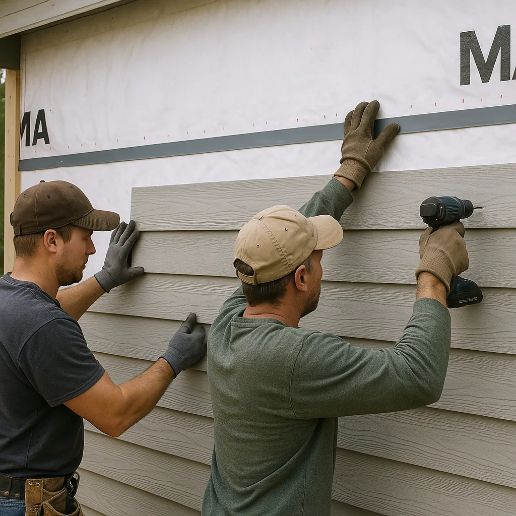 Crew installing fiber cement siding with proper flashing