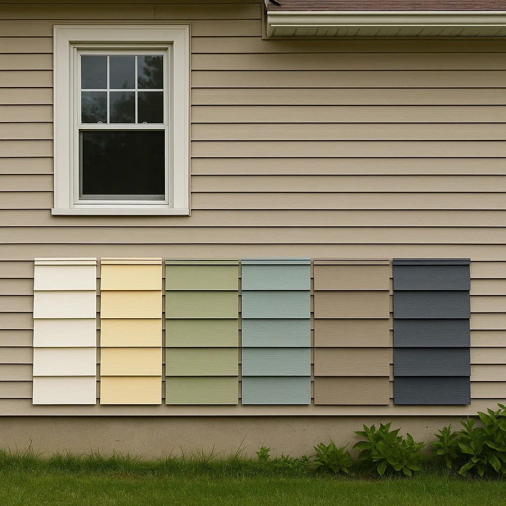 Vinyl siding color panel comparison, displayed on the exterior of a residence